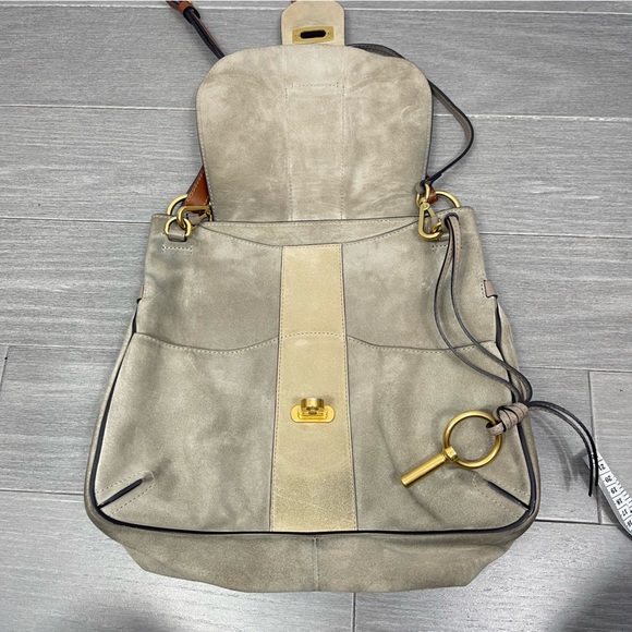 Chloe Lexa Crossbody Bag Suede Leather Medium Flap Key Taupe Beige Gray Boho - Picture 10 of 16